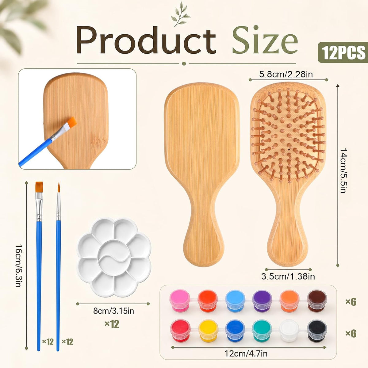 12 Set DIY Wooden Hairbrush Painting Kits, Mini Bamboo Hair Brush Bulk with Paint Brush and Palette, Hand Painted Crafts, Make Your Own Hair Brushes for Girls Hand Painted DIY Gift Party Crafts, Oval