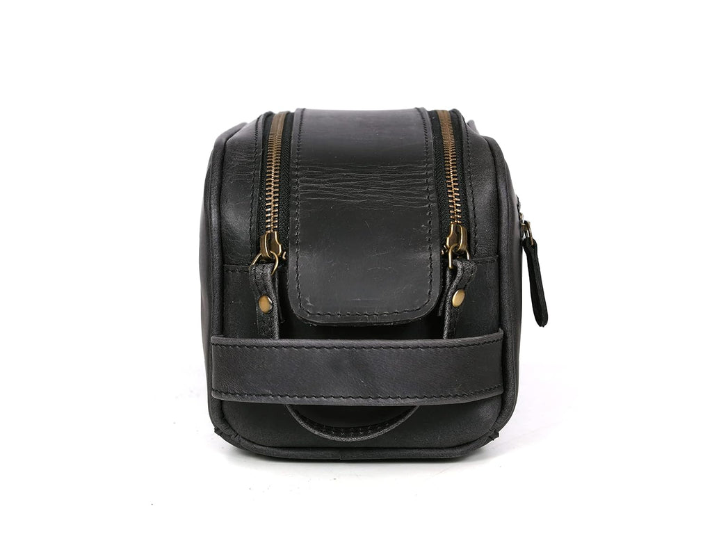 10" Premium Leather Toiletry Travel Pouch With Waterproof Lining Black Color | King-Size Handcrafted Vintage Shaving Kit By Aaron Leather Goods (Florida Black)