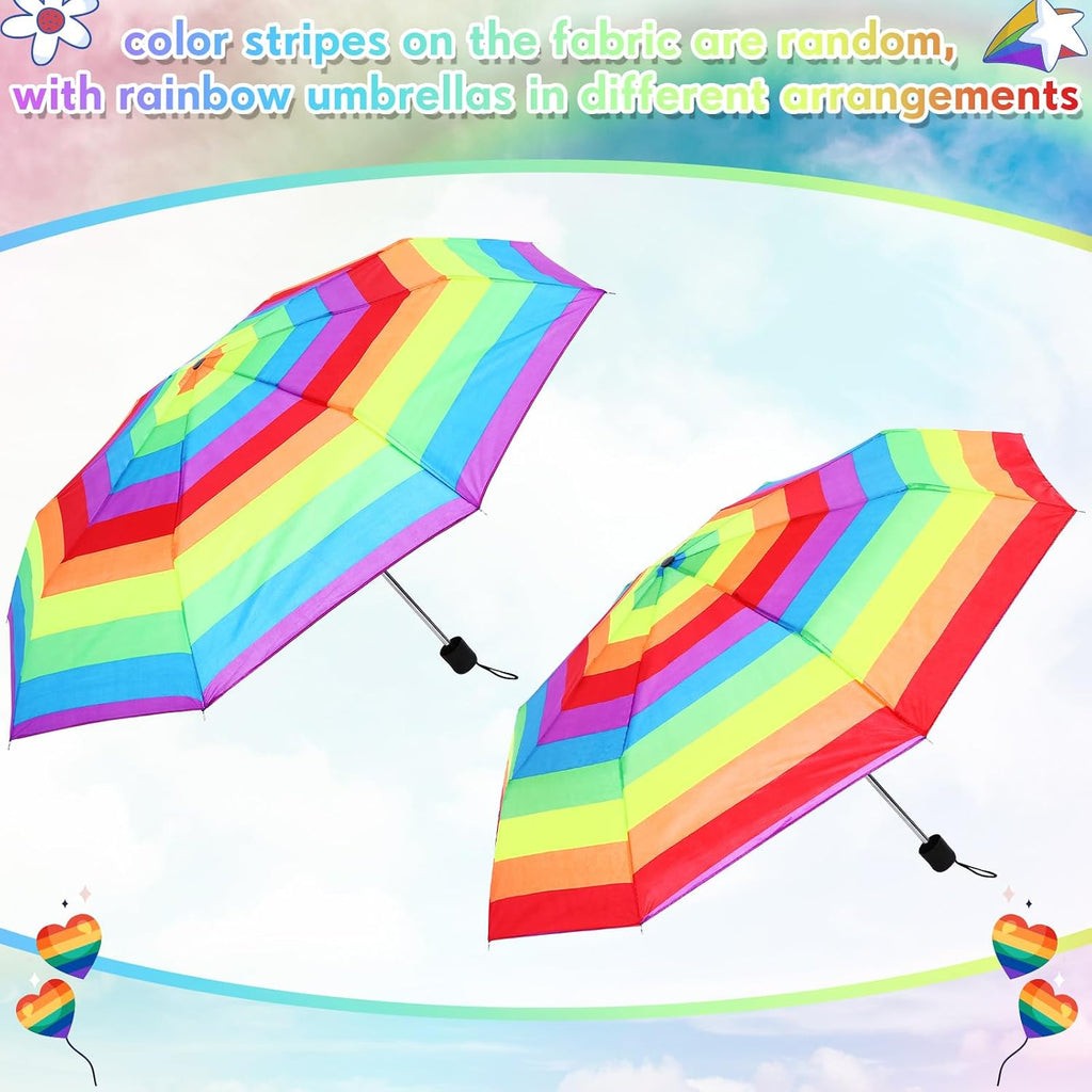 12 Pc Rainbow Umbrella Portable Tri Folded Pride Umbrella Windproof Compact Rain Parasol for Travel Beach Wedding Party