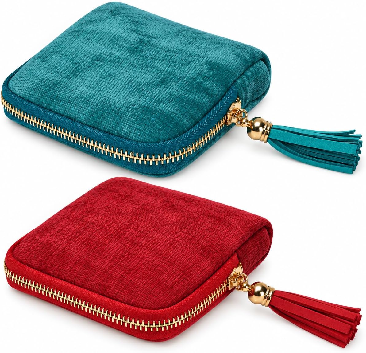 2-Pack Velvet Jewelry Organizer Case - Travel Zipper Pouch with Tassel, 6-Layer Storage for Bracelets, Bangles & Accessories (Red and Green)