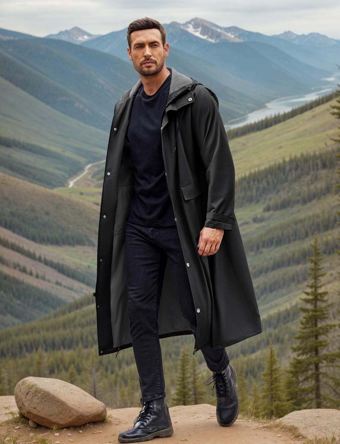 COOFANDY Long Rain Coats for Men Waterproof Trench Jacket with Hood