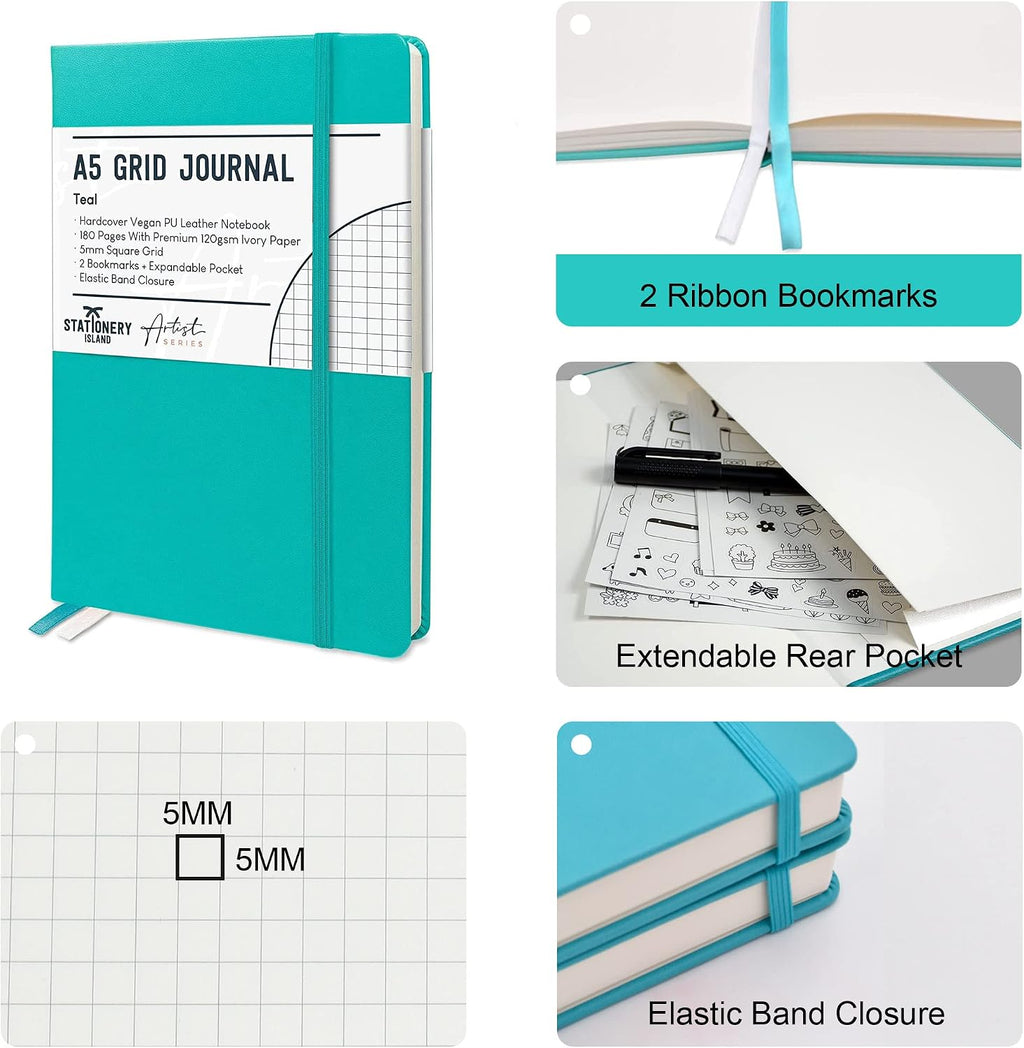 STATIONERY ISLAND Graph Paper Notebook, A5 Hardcover Grid Notebook with 120gsm Thick Paper, 180 Pages Square Grid Journal, Teal