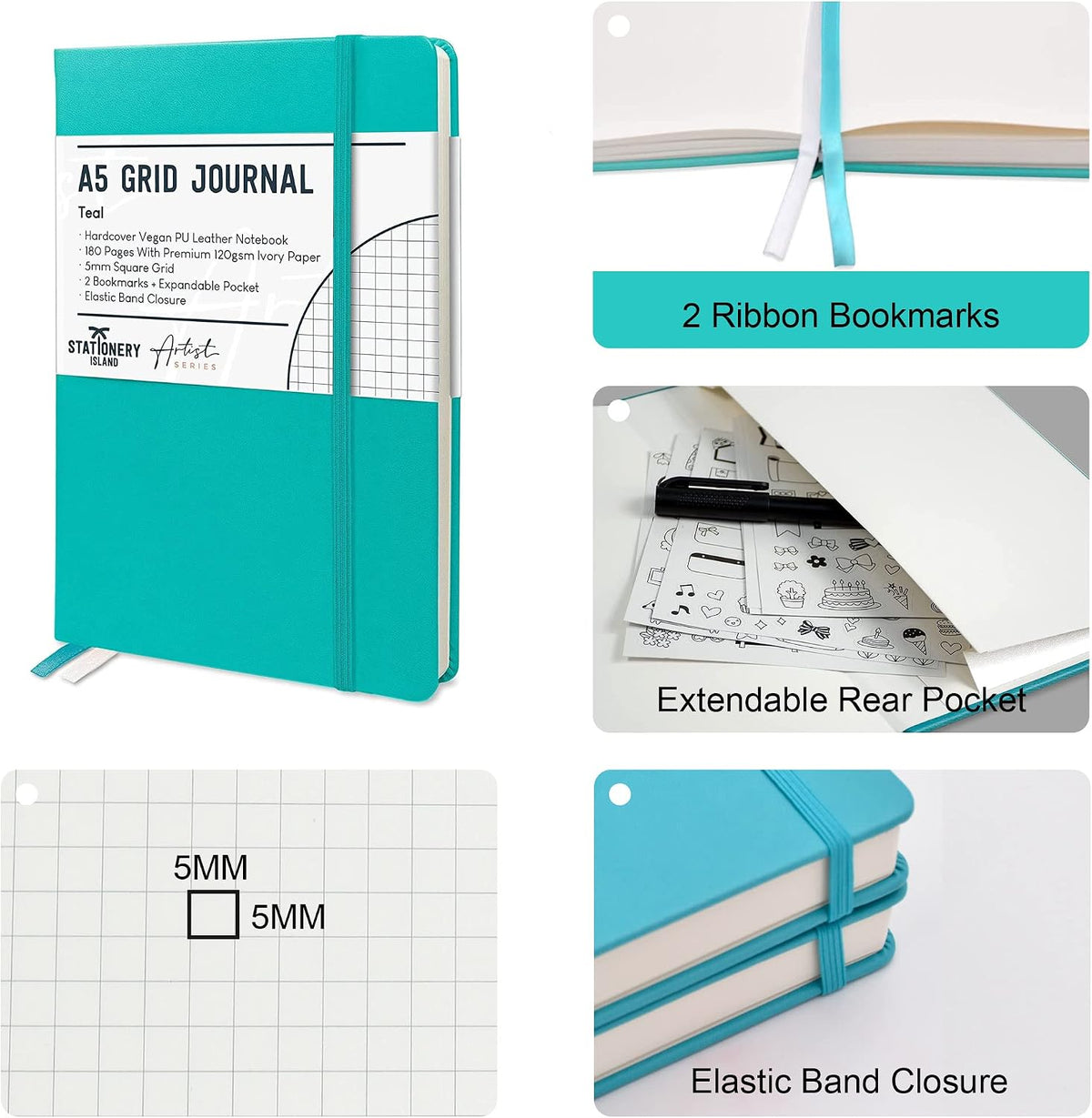 STATIONERY ISLAND Graph Paper Notebook, A5 Hardcover Grid Notebook with 120gsm Thick Paper, 180 Pages Square Grid Journal, Teal