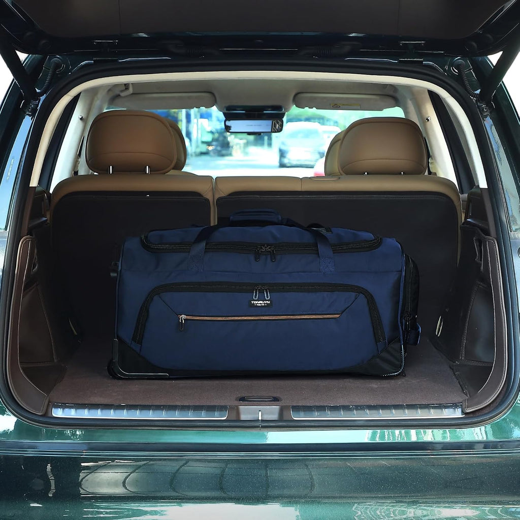 Large Rolling Duffle Bag with Wheels and Handle 85L 29 inch Travel Duffel Bag for Men Women with Shoe Compartment & Wet Pocket, 2 Wheeled Checked Luggage for Business Travel Long Trips, Blue