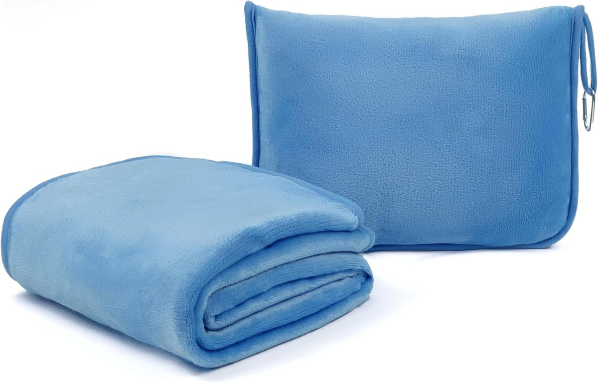ShezPretty Premium 2in1 Soft Travel Blanket Pillow with Airline Hand Luggage Sleeve and Backpack Clip Airplane (Blue)