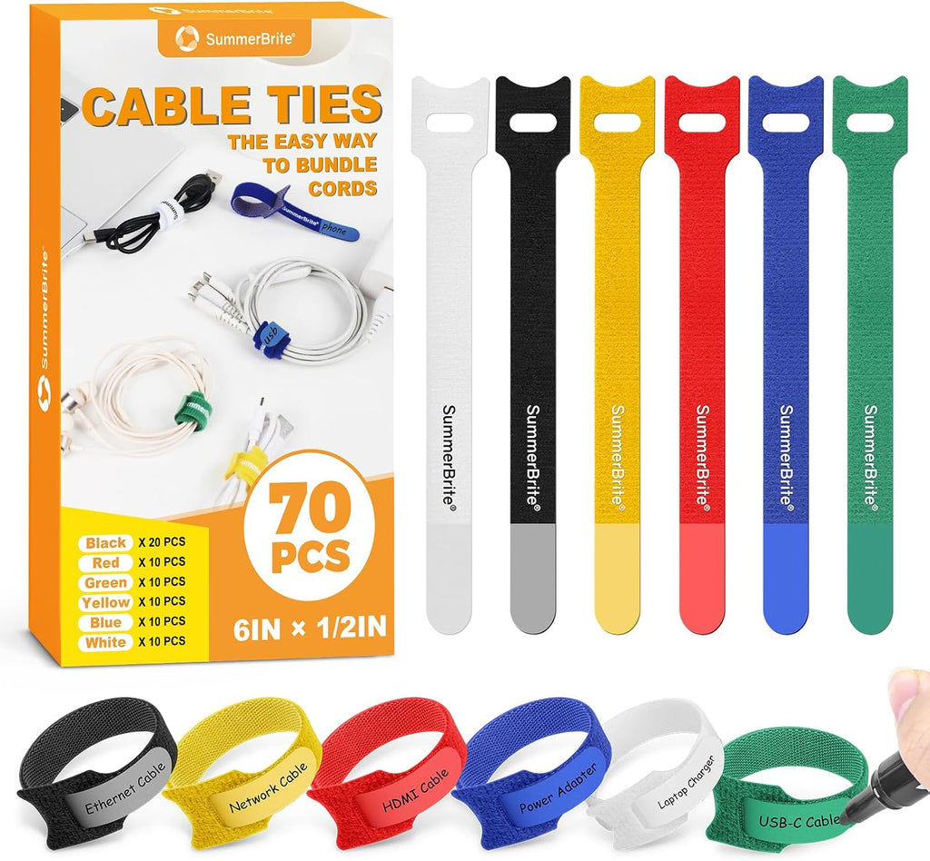 Cable Ties with Writable Labels, Cord Organizer, Multi-Color, 70 PCS, 6 IN