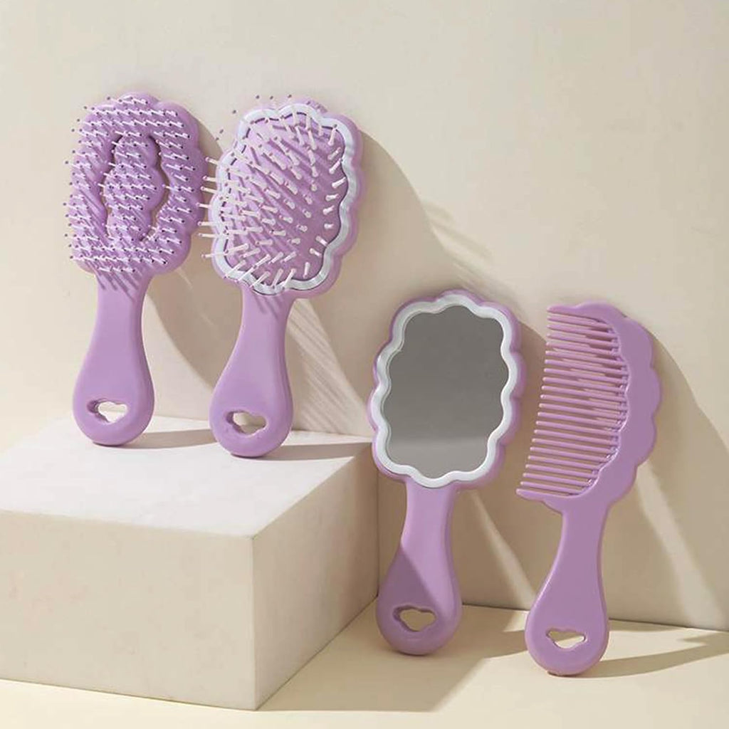 4 Pieces Mini Wet Hair Brush Hair Comb Set For Women Girls Kids Gift Small Cute Cloud shaped Hair Comb Hair Brush Handheld Mirror Set Travel Detangling Comb Massage HairBrush with Air Cushion (Purple)