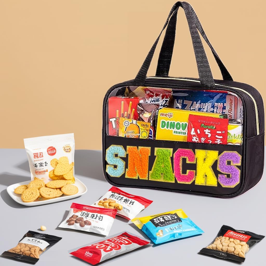 Kovewon Chenille Letter Snacks Bag Clear Snack Bag Pouch with Handle and Zipper Waterproof Nylon Portable Travel Tote Makeup Bag for Women