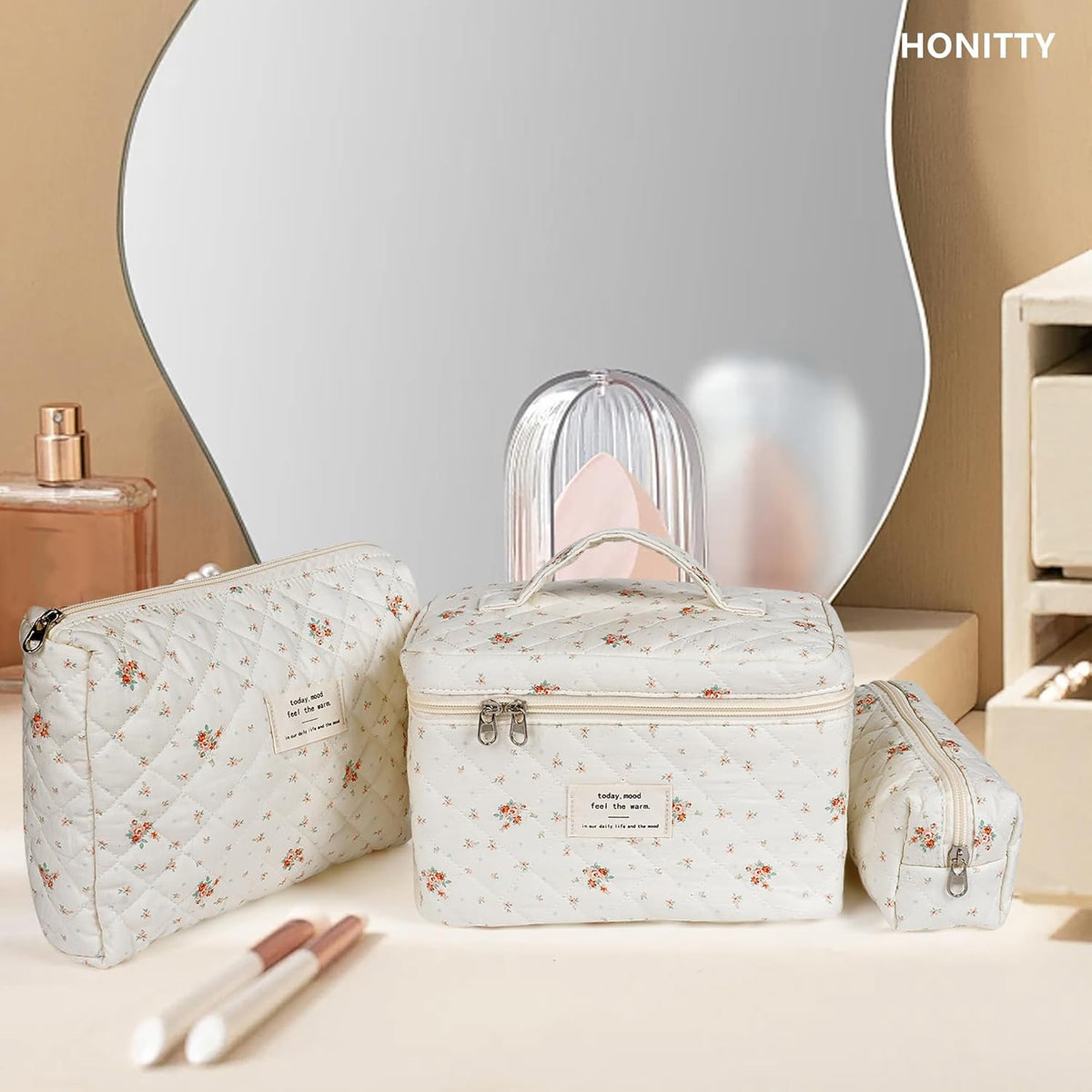 honitty Makeup Bag,Quilted Cosmetic Bags for Women