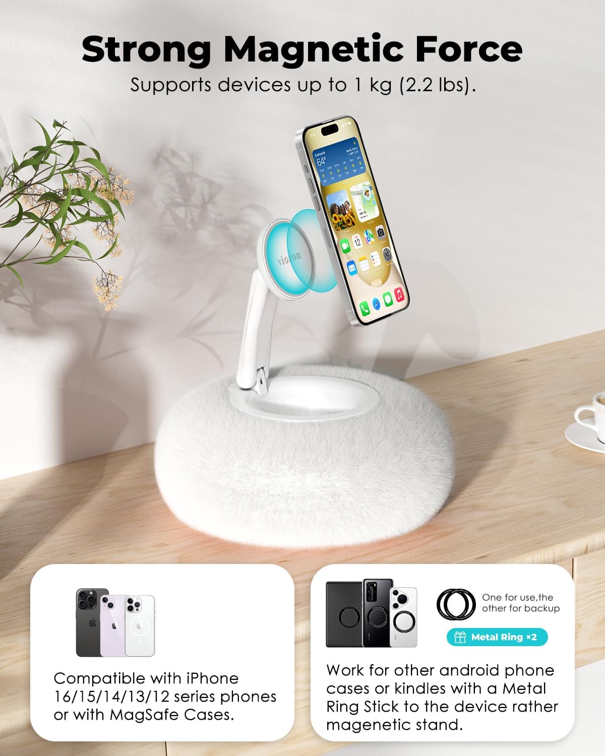 Viozon Phone Holder for Bed, Magnetic Pillow Stand, Compatible with 4-7" Phone/Kindle with Small Storage, Removable Suction Base for Stability, Idea for Kindle Reading and Video Watching On Bed,White