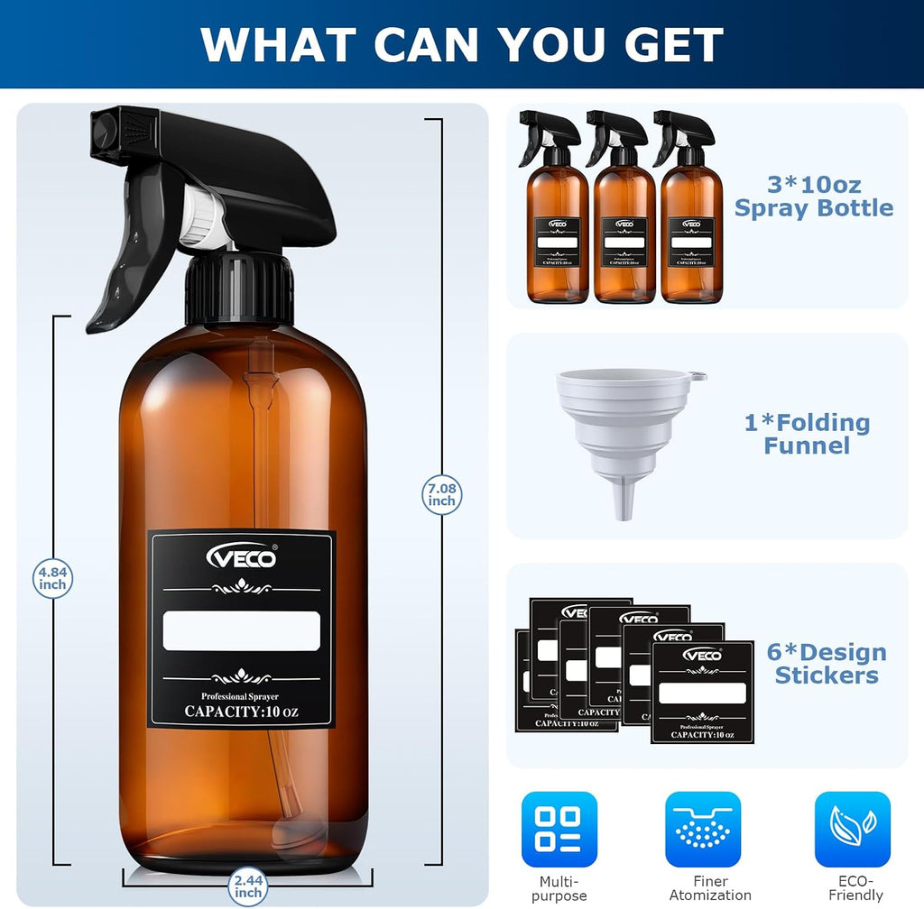 Veco 10oz Spray Bottle with Adjustable Nozzle, 360° Water Spray Bottles for Cleaning Solution, Plastic Spray Bottles for Hair Cooking Plant Pet, No Leak and Clog (3 Pack & Foldable Funnel), Brown