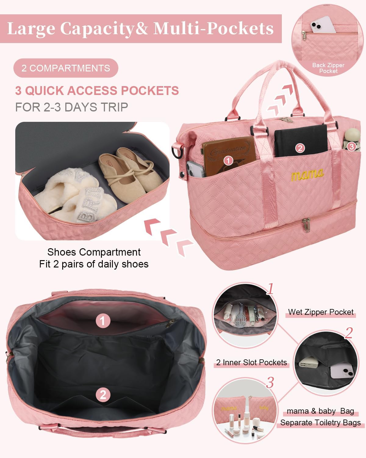 Mama Baby Pregnancy Hospital Bag Essentials for Women Labor Delivery Diaper Organizer with Shoe Compartment,2 Waterproof Toiletry Pouch Travel Duffle Bag for Mommy Weekender Overnight Gym Gifts,Pink