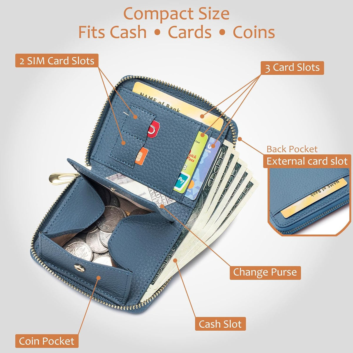 Small Leather Zipper Travel Wallet for Womens with RFID Blocking