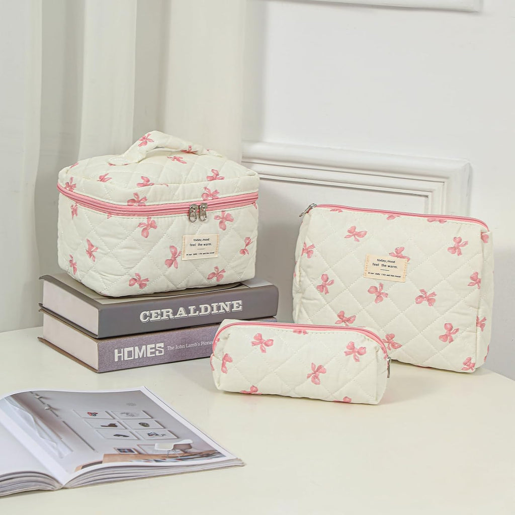 uekeboag Large Travel Quilted Makeup Bag for Women (Little Pink Bow