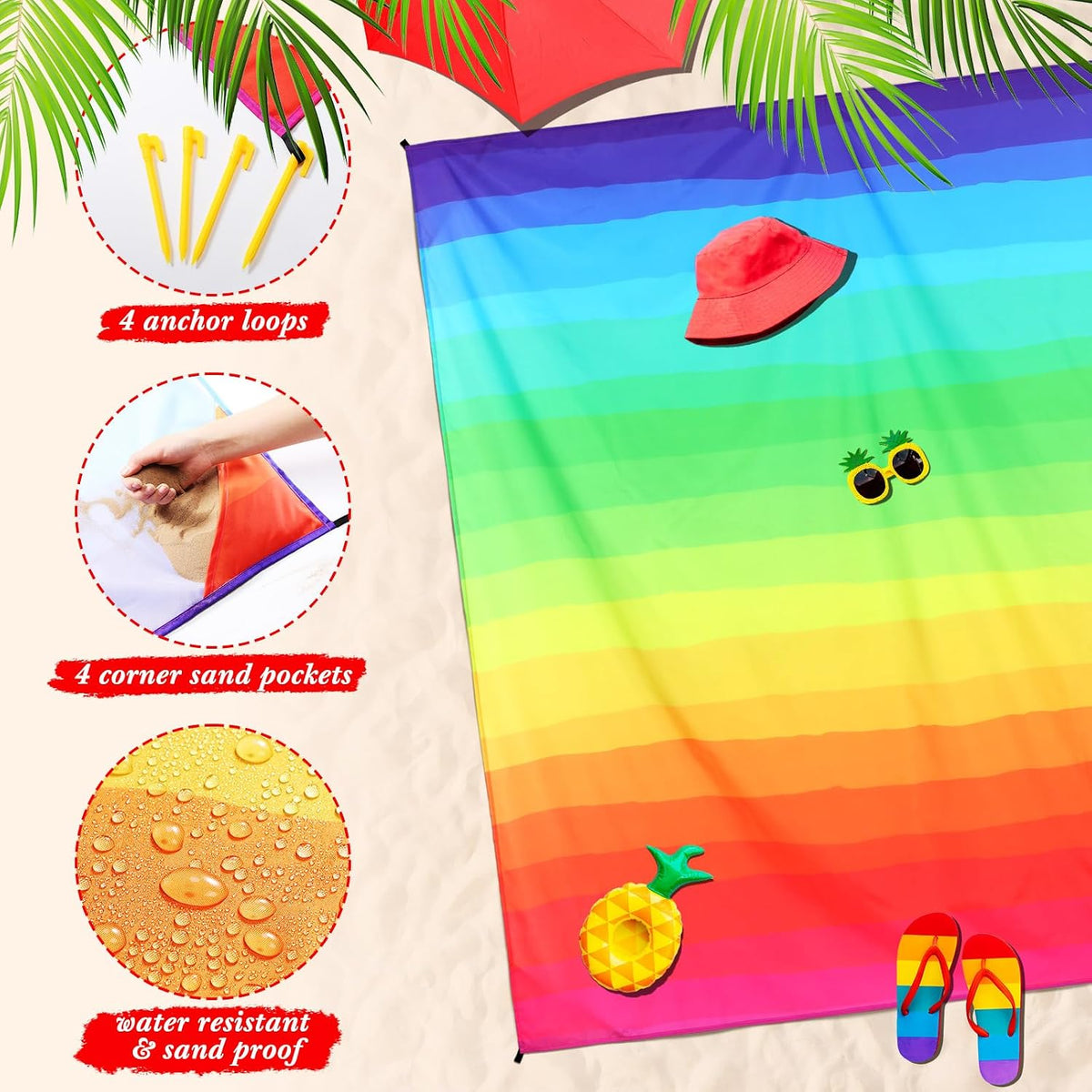 HunnmingRe 83"x 79" Rainbow Beach Blanket Large Waterproof Sandproof Beach Mat with Stakes & Pockets for 1-5 Adults, Quick Drying Outdoor Polyester Picnic Mat Accessories for Travel, Camping