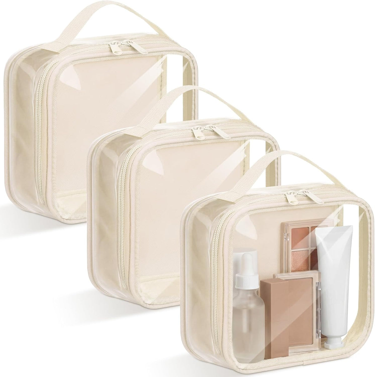Abbylike 3 Pcs Small Toiletry Bags Reusable Quart Size Travel Liquid Pouch Single-sided Clear PVC Carry-on Organizer with Handle Cosmetic Bags for Airport Security Women Men(Beige)