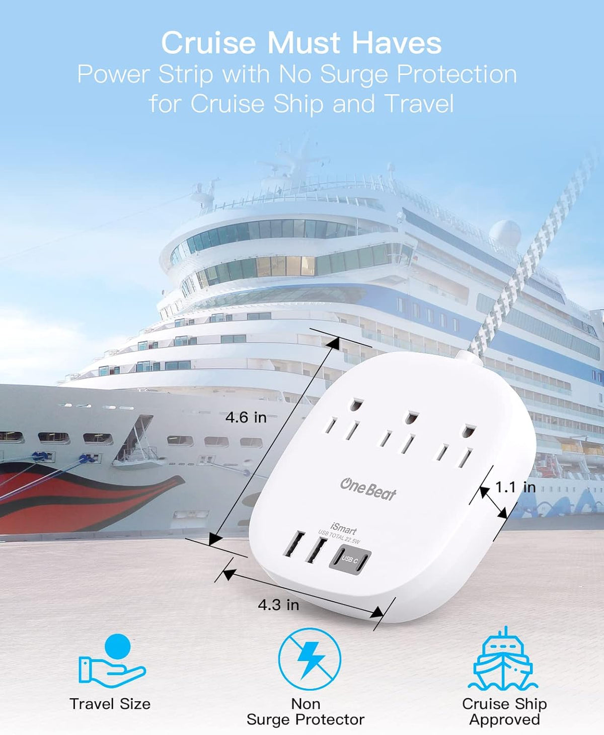 10 Ft Long Extension Cord, 22.5W/4.5A Cruise Ship Flat Plug Power Strip