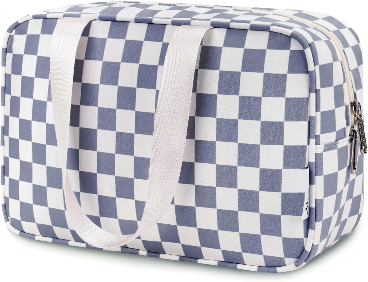 Narwey Large Toiletry Bag Women Large Cosmetic Bag Travel Makeup Bag Organizer Medicine Bag for Toiletries Essentials Accessories (Grayish Blue Checkerboard)