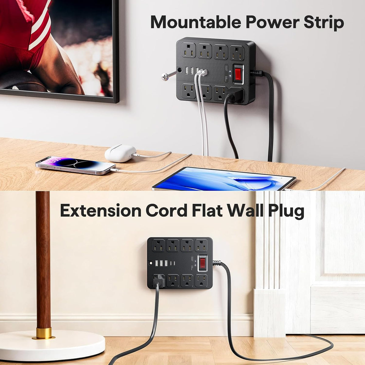 13 in 1 Surge Protector Power Strip Flat Plug 8 Widely AC Outlet 3 USB Ports,1250W/10A，5 ft Extension Cord with Multiple Outlets, Desk Extender for Dorm, Home,Travel，Office Essentials,ETL Listed