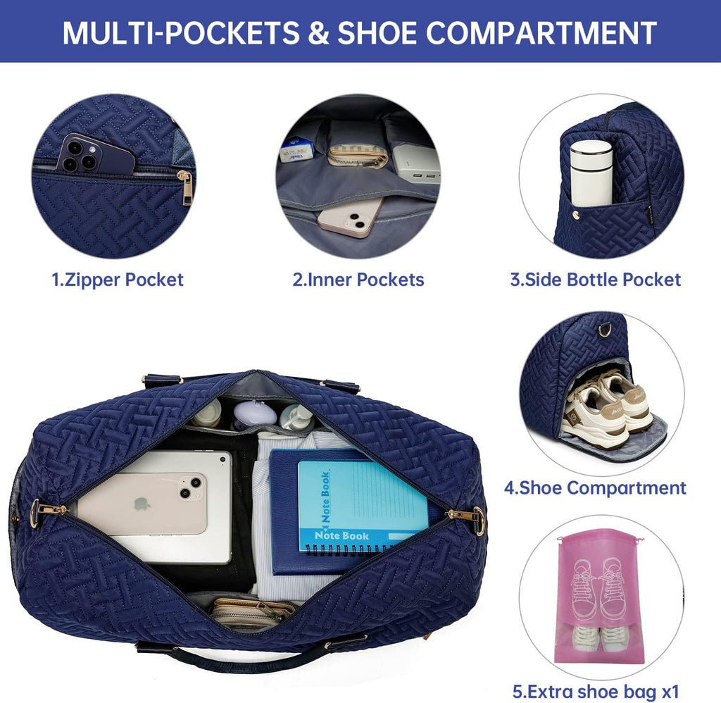 Duffle Bag for Travel, Weekender Bag with Shoe Compartment, Carry On Overnight Bag for Women with Toiletry Bag, Gym Bag with Wet Pocket, Hospital Bags for Labor and Delivery Navy
