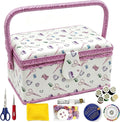 Sewing Box with Accessories Set, Fabric Floral Craft Storage Organizer Basket for Women & Girls, Portable Sewing Kit for Beginner, Travel, Mending, Embroidery Supplies