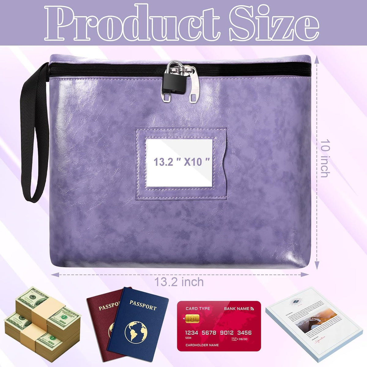 Notary Bag with Lock 13.2 * 10 Inches Purple Leather Notary Supply Bags with handle Cash Bag Locking Document Bags with 2 keys Money Bank Deposit with Zipper for Record Book Stamp Passport