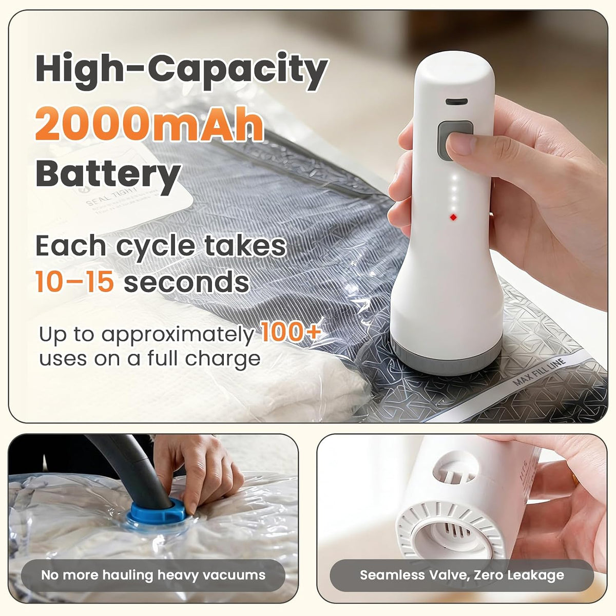 15 Pack Vacuum Storage Bags with 2000mAh Rechargeable Pump