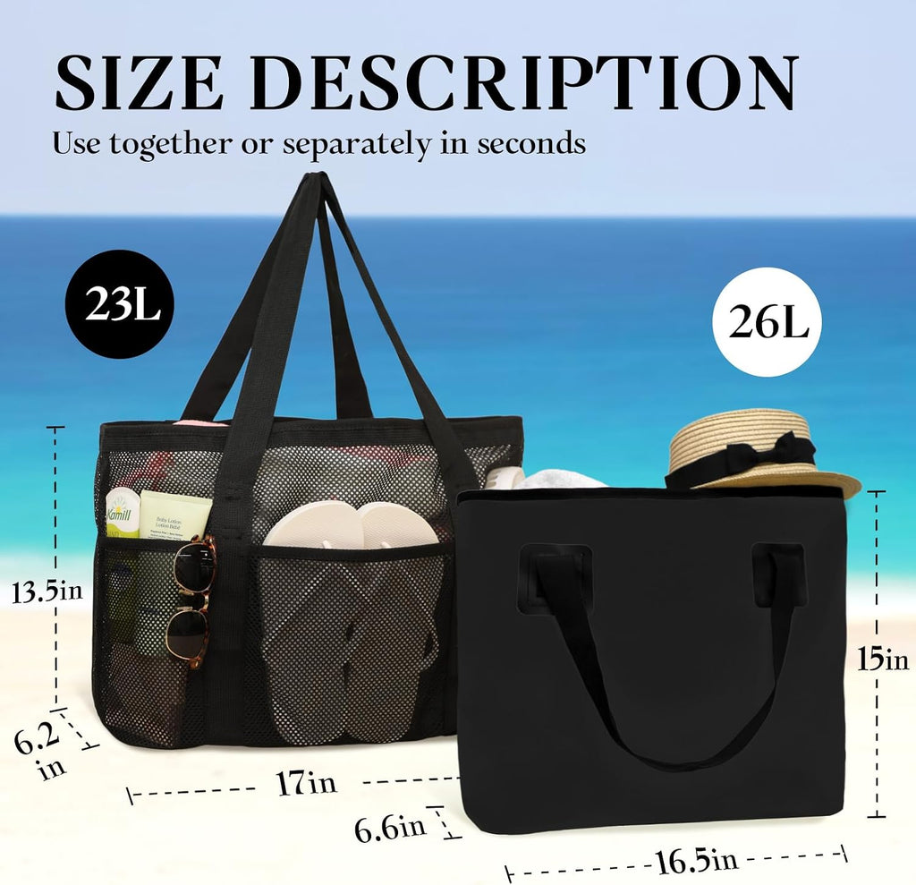 miss fong Mesh Beach Bag - Beach Bags for Women Pool Bag Swim Bag – 2-in-1 Waterproof Beach Tote Bag Wet/Dry Separation