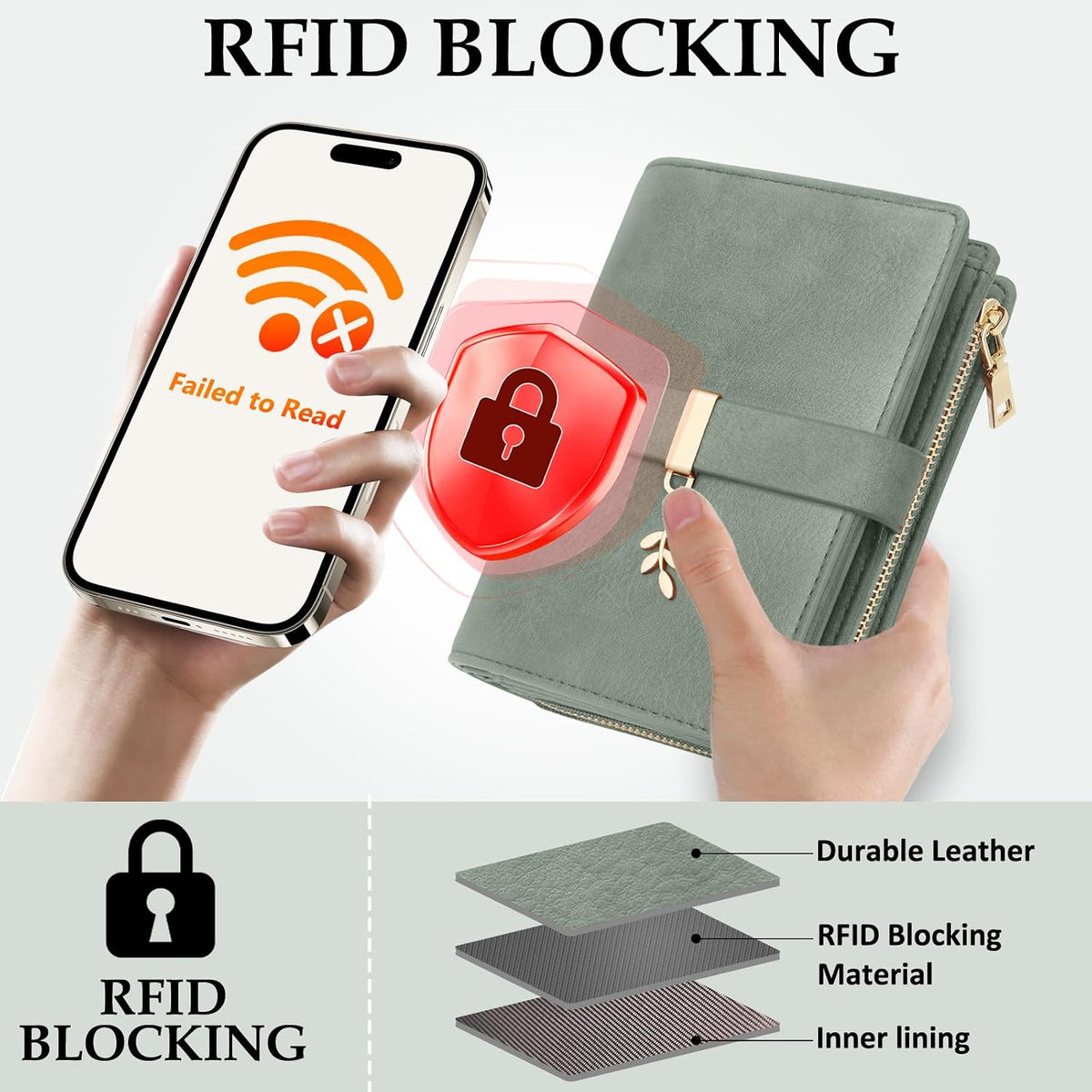 RFID Blocking Trifold Wallet for Women PU Leather Credit Card Holder Green