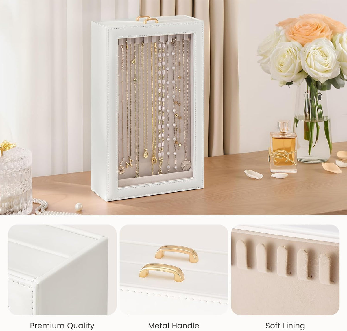Lolalet Necklace Organizer Box, Jewelry Display Case, White, 2 Layers