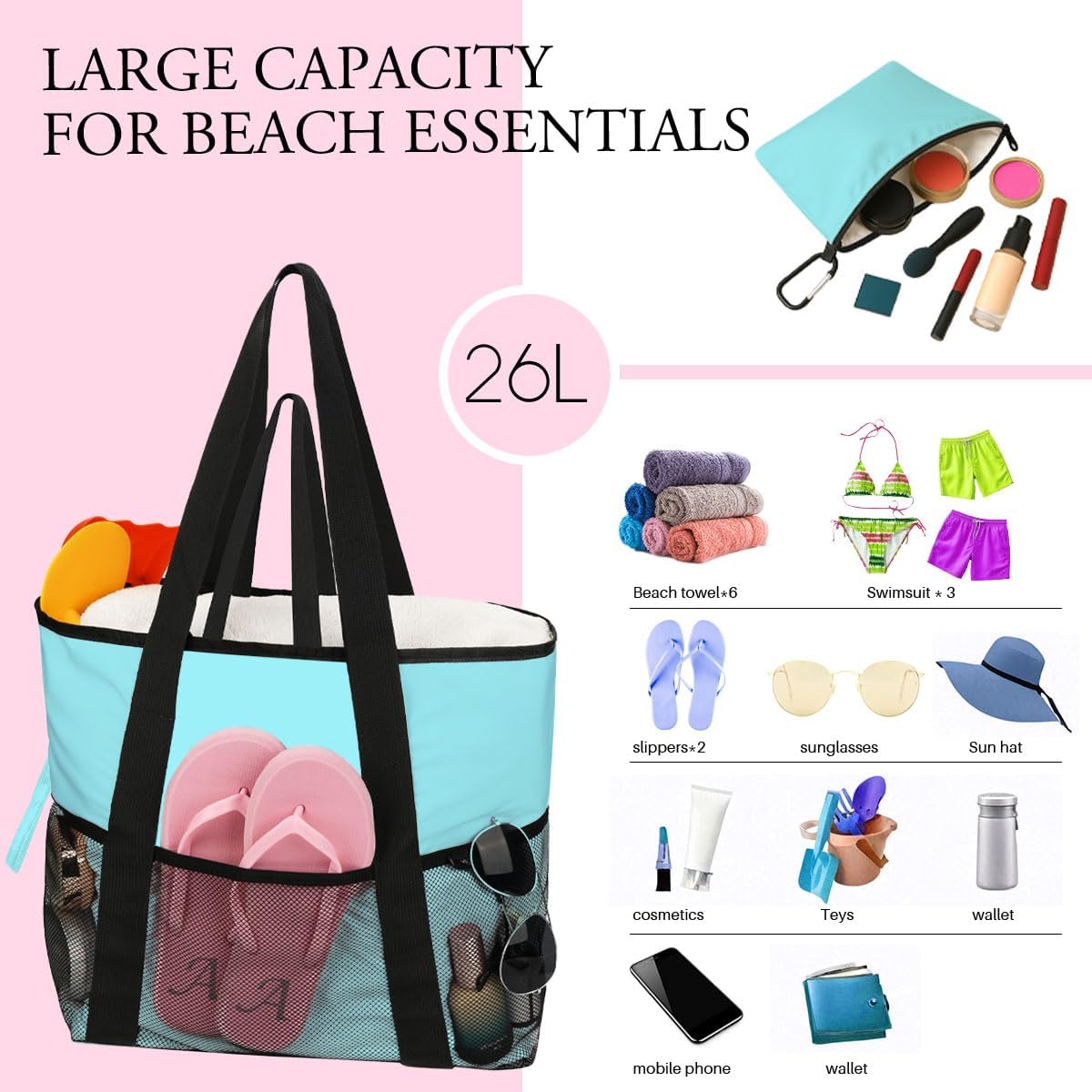 girls trip bags Foldable Waterproof Beach Tote for Women - 8 Zippered Pockets, Lightweight Travel Bag for Swim