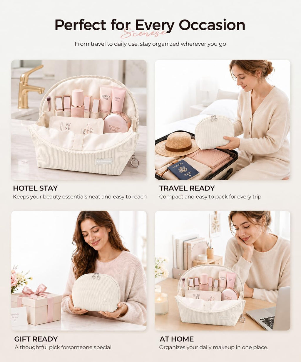 Travel Makeup Bag for Women, Magnetic Fold-Down Design, Off-white