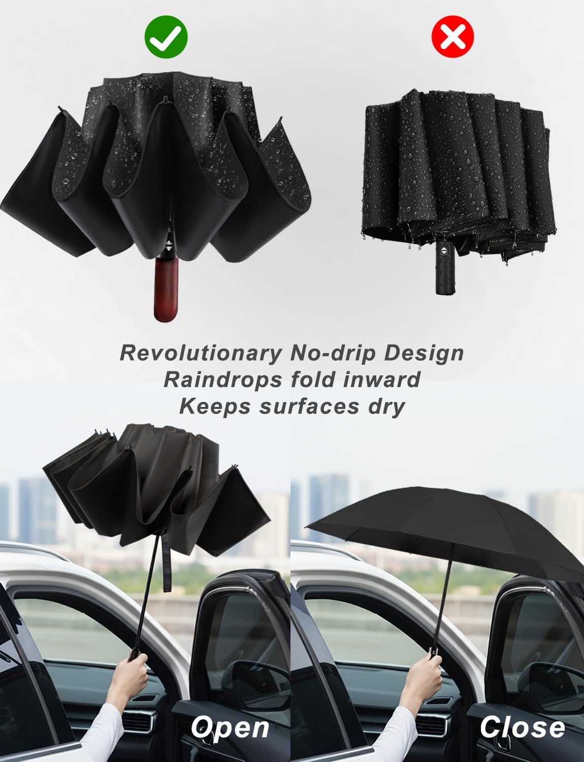 SoulRain 10 Ribs 46" Travel Sun & rain Automatic Reverse Umbrella, for Windproof Umbrella, Compact Parasol with 95% UV Protection for women and men