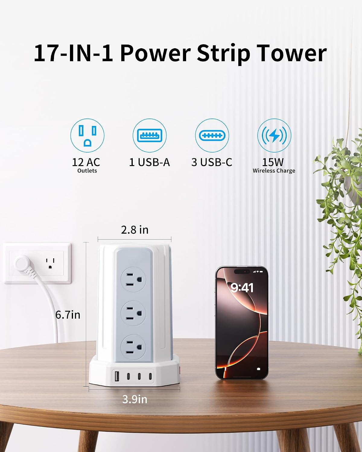 White Power Strip, 6.5 Ft Extension Cord with 12 AC Multiple Outlets 4 USB (2 USB C), SMALLRT Power Strip Tower Desktop Charging Station