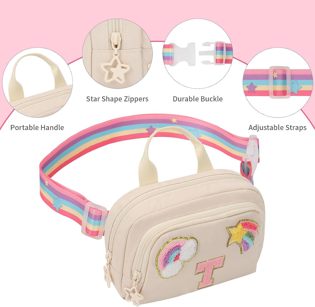 Fanny Pack for Girls, Cute Purse for Girls Teens Crossbody Bag for Kids Belt Bag With 2 Compartments Trendy Stuff Graduation Birthday Gifts for 4 5 6 7 8 9 10 11 12 13 Years Old Beige Initial T
