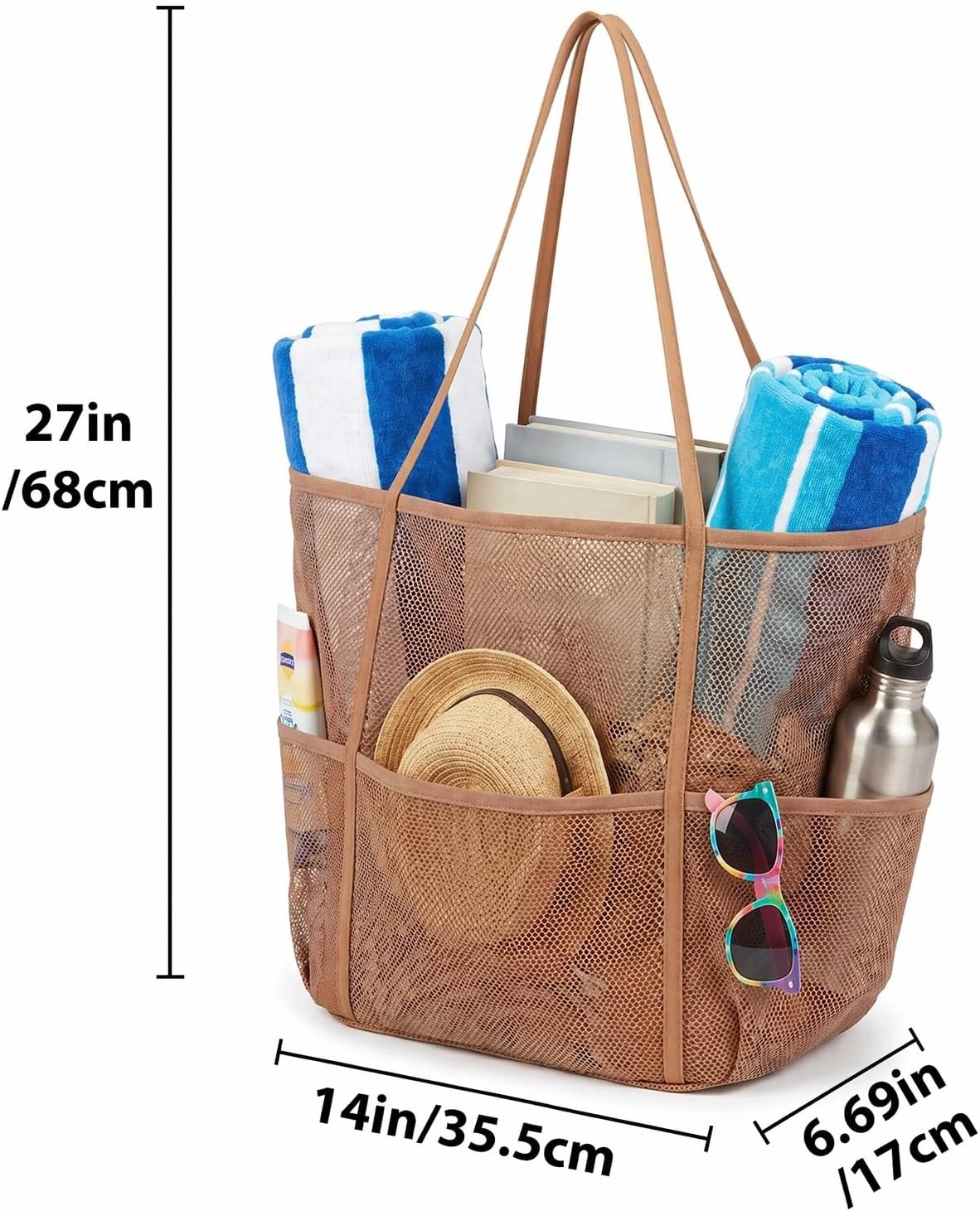 Tan Foldable Mesh Beach Tote for Women, 5‑Pocket Sand‑Proof Travel Bag