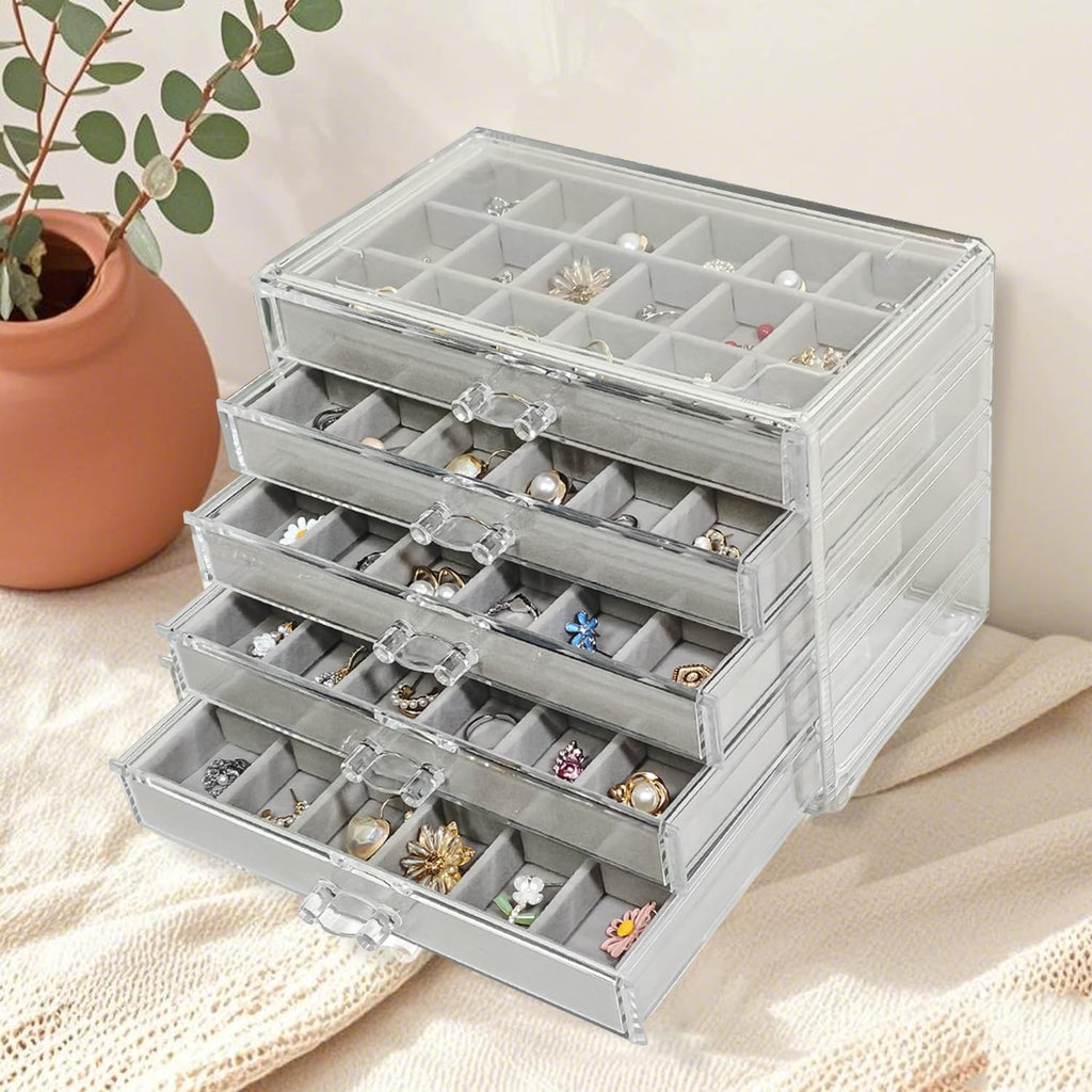 Acrylic Earring Holder Organizer with 5 Drawers Clear Earring Organizer Box with 90 Adjustable Grids Velvet Earring Display Case Jewelry Organizer for Earrings Rings Studs (Grey)