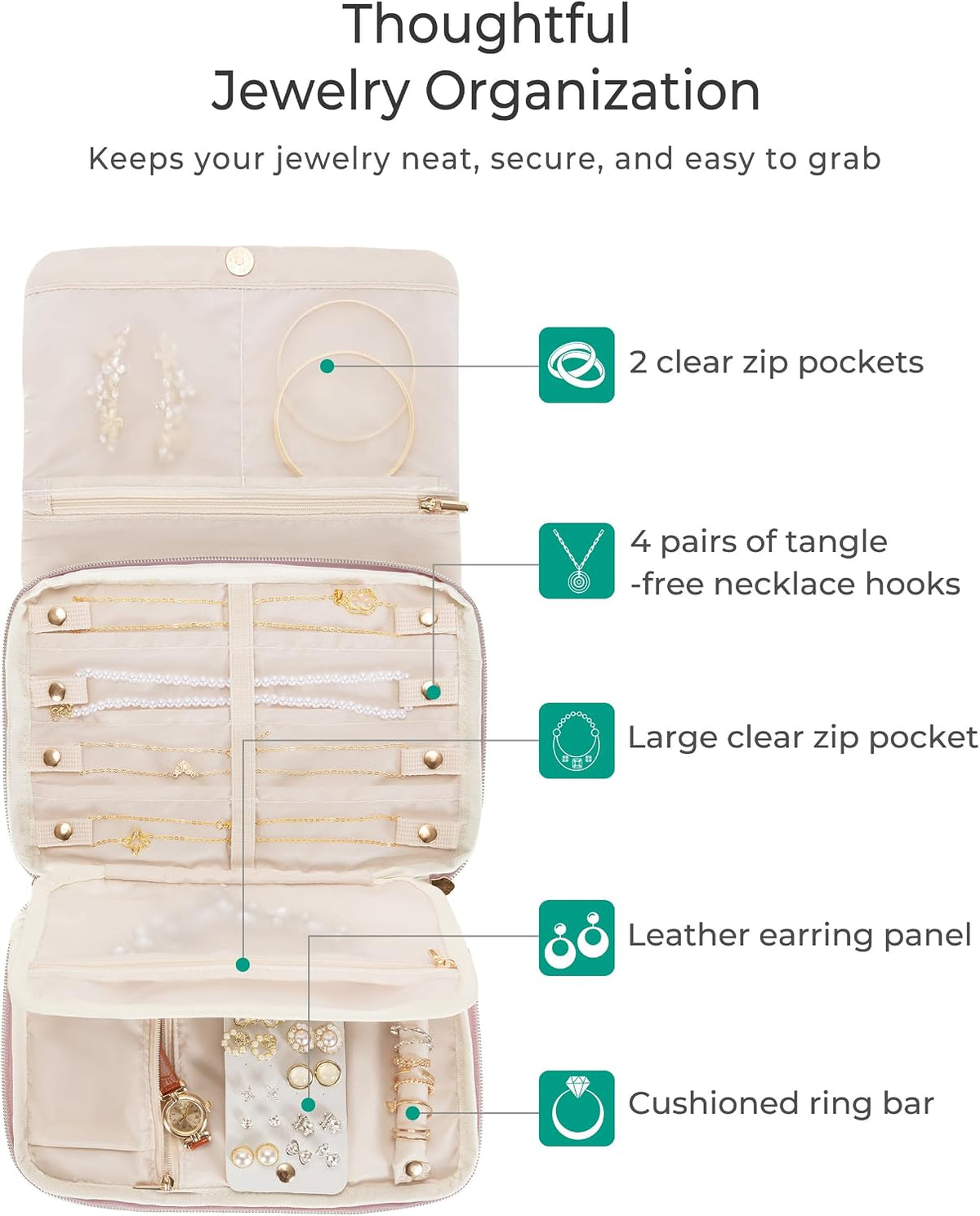 Marscamd Travel Jewelry Organizer Case, Foldable Jewelry Bag, Pink