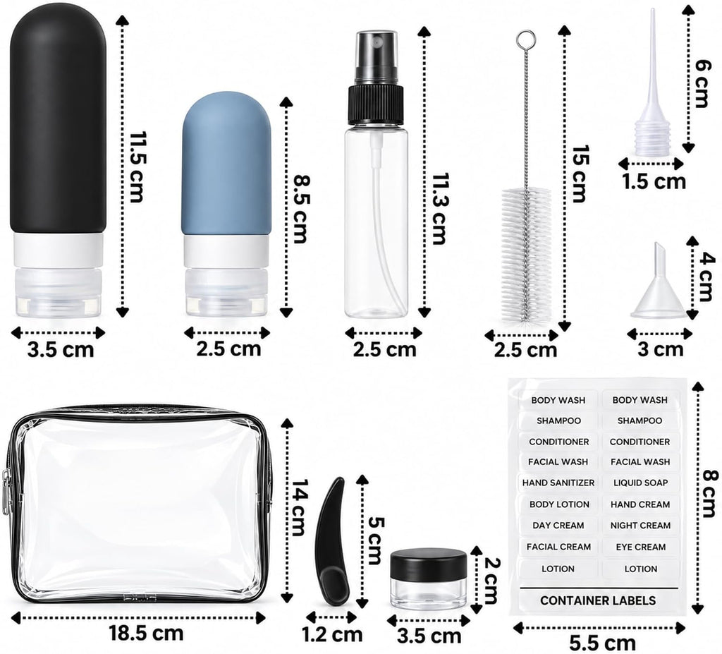 Laxen 17 Pack Travel Bottles for Toiletries with Clear Bag, Leak Proof, Refillable, TSA Approved Silicone Travel Containers for Shampoo and Conditioner, Travel Essentials Toiletry Bottles