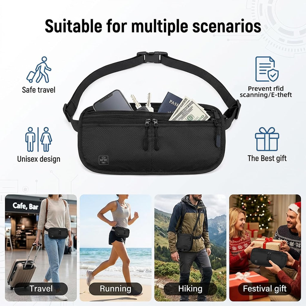 3-in-1 RFID Blocking Money Belt for Travel, Anti- Eletronic Theft Travel Fanny Pack with Adjustable Strap, Lightweight Neck Wallet for Passport, Credit Cards, Phone, and Cash–for Men & Women（Black）