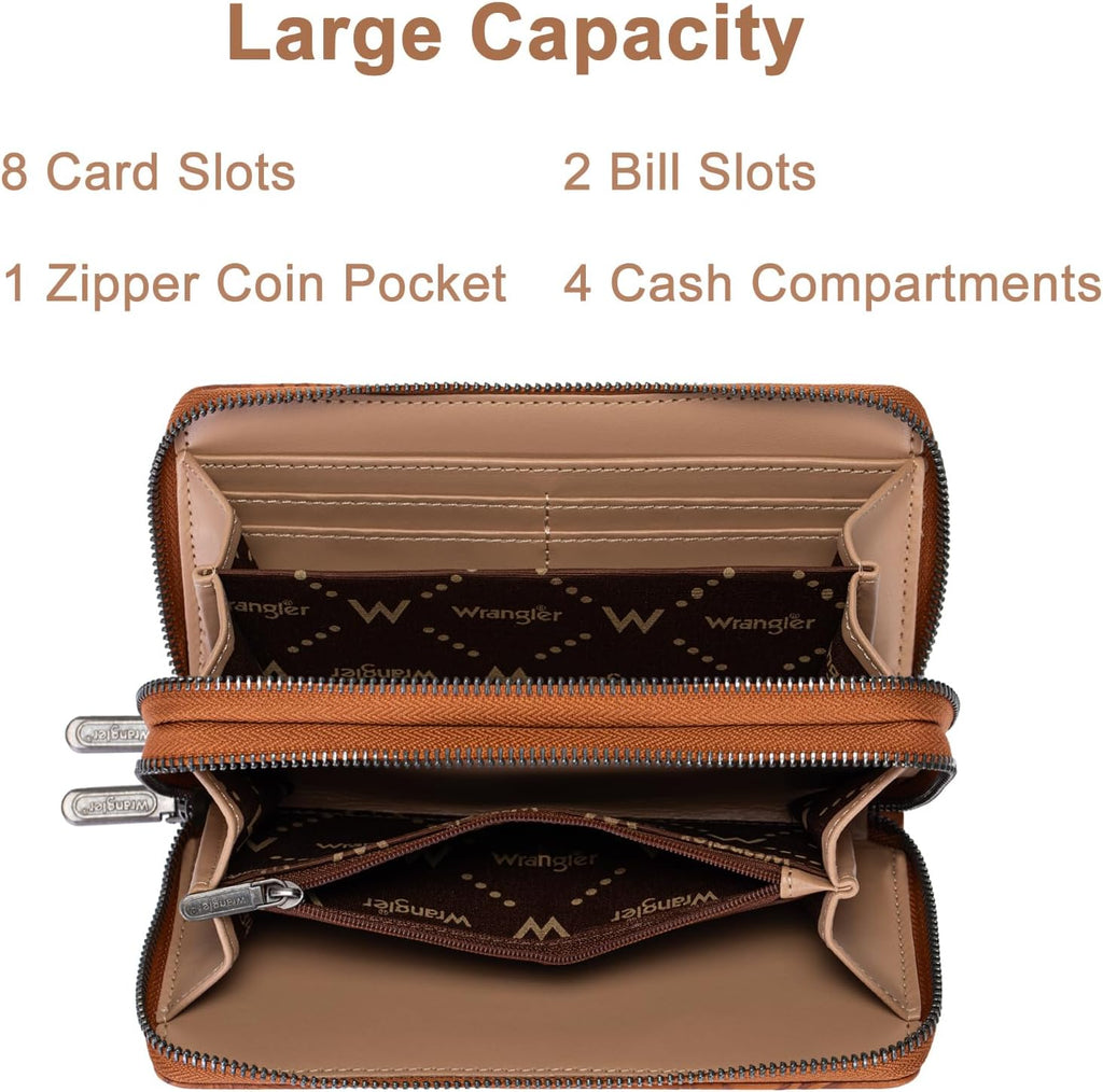 Wrangler Wristlet Wallets for Women Embossed Flower Double Zipper Clutch
