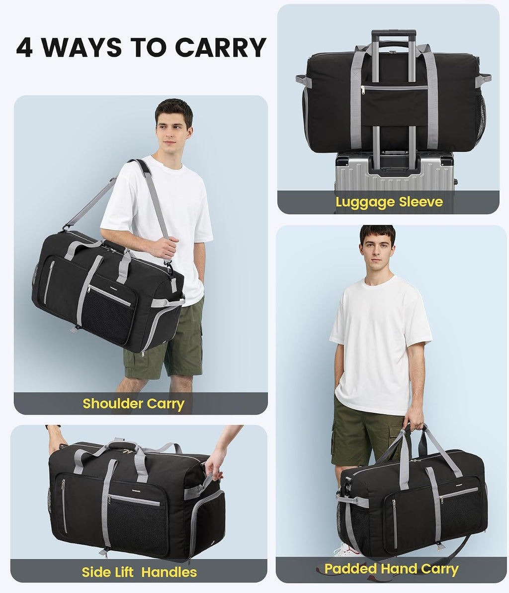 Vorspack 65L Foldable Duffle Bag for Travel with Shoe Compartment, Black