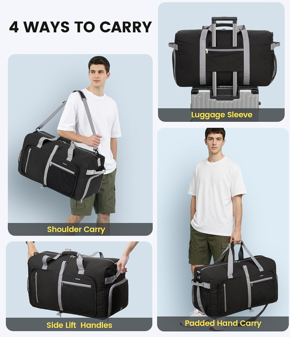 Vorspack 65L Foldable Duffle Bag for Travel with Shoe Compartment, Black