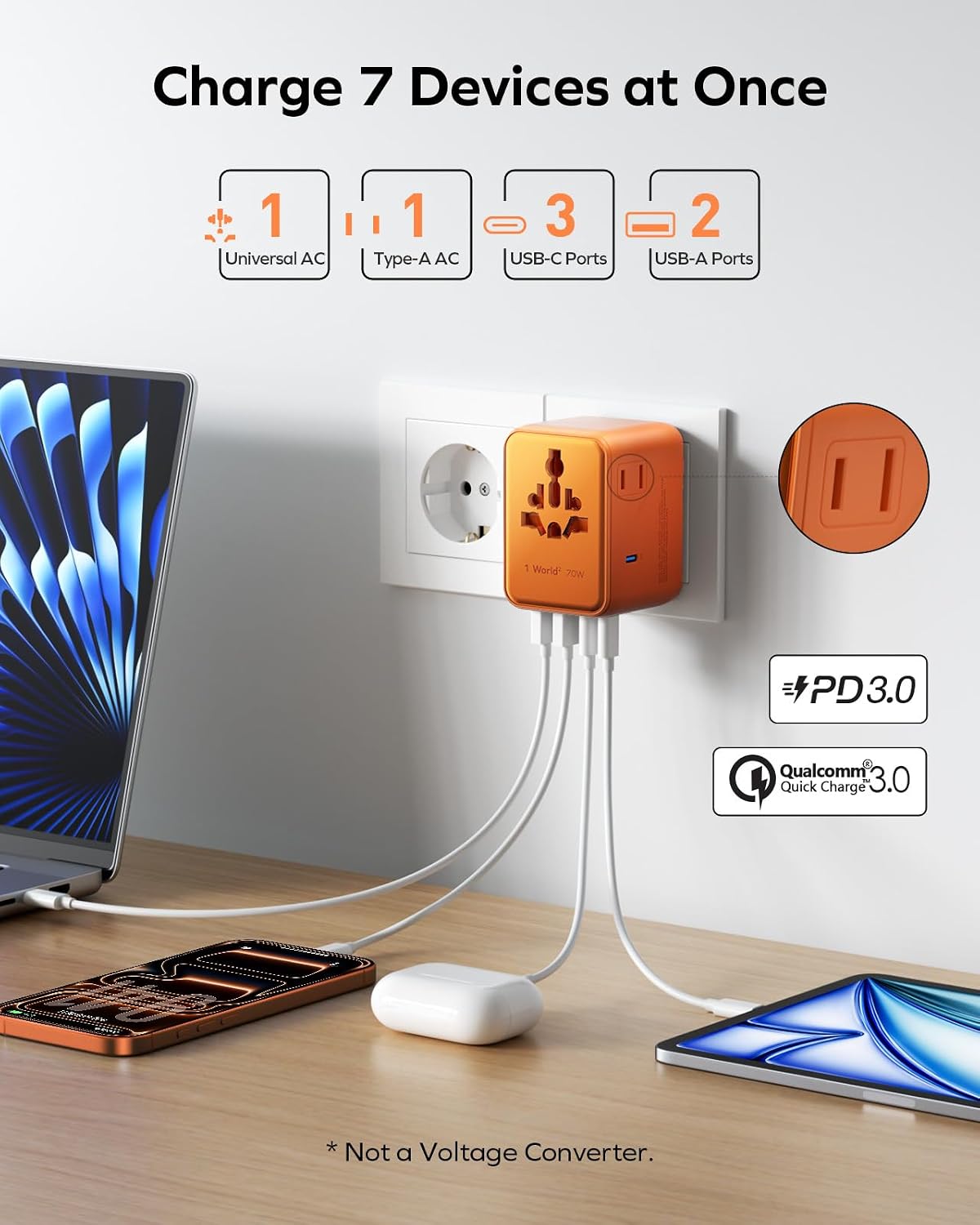 MOMAX 70W Universal Travel Adapter 7-in-1 GaN International Power Adapter