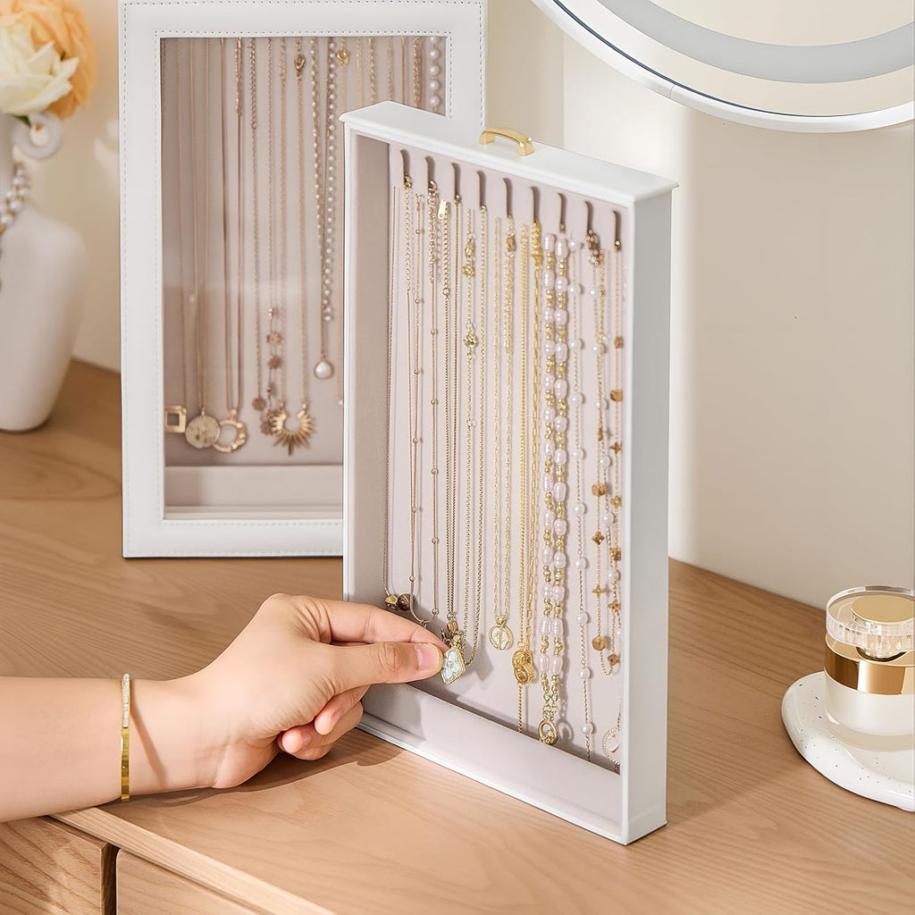 Lolalet Necklace Organizer Box, Jewelry Display Case, White, 2 Layers