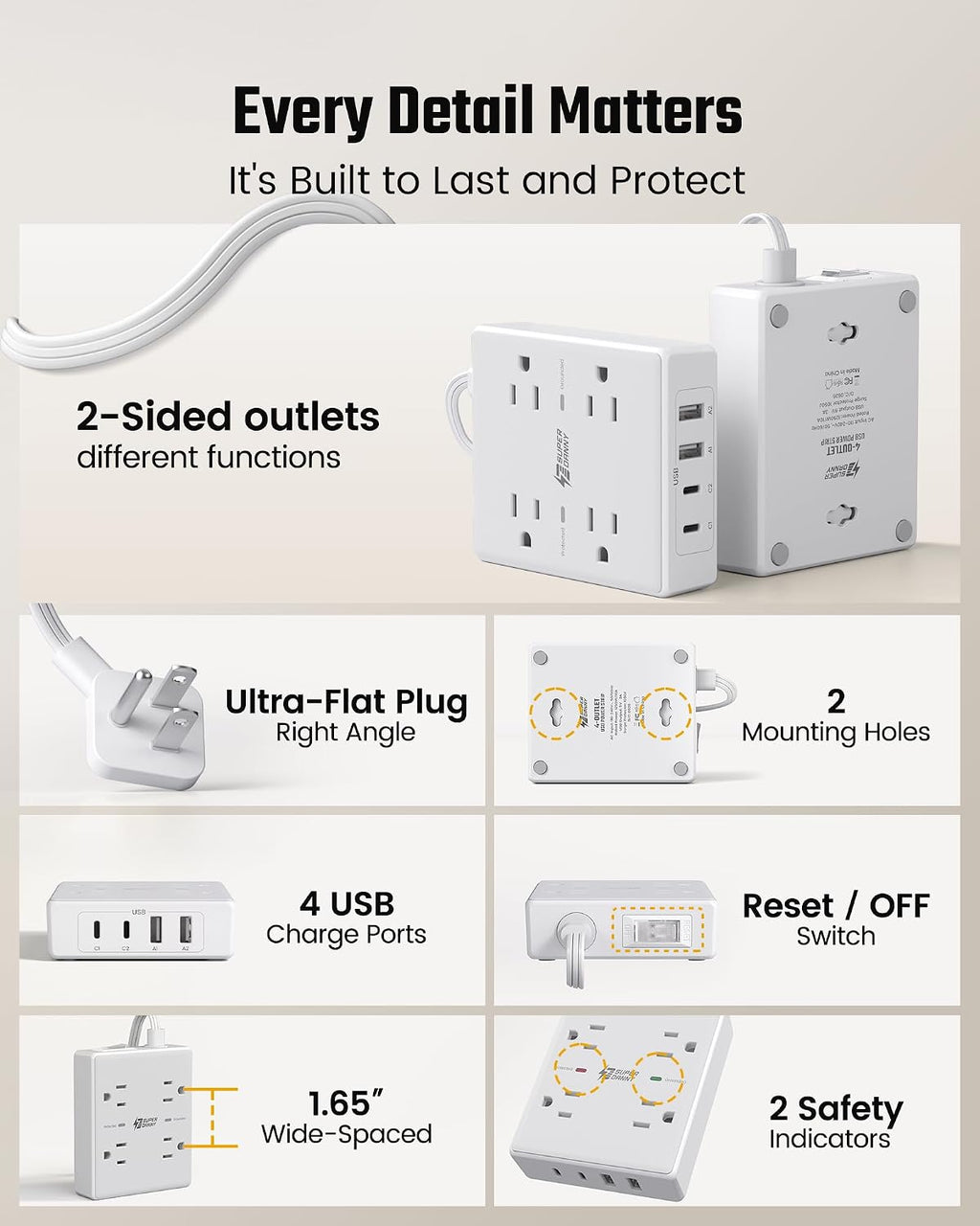 SUPERDANNY 10 Ft Long Extension Cord Flat Plug Power Strip Surge Protector