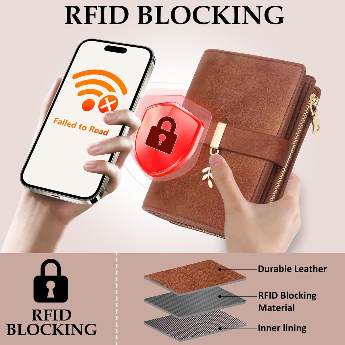 RFID Blocking Trifold Wallet for Women PU Leather Credit Card Holder Brown