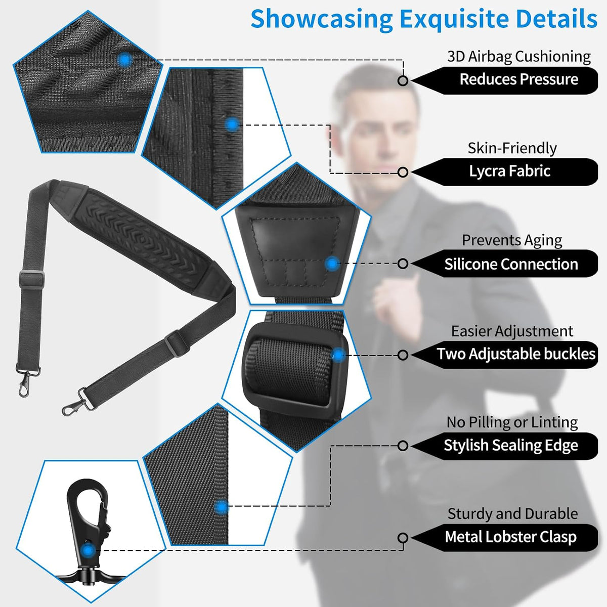FIEIL 60" Universal Shoulder Strap, 3D Sponge Thick Padded Bag Strap with Double Adjustable Buckles and Metal Hooks, Ideal for Briefcases, Crossbody Bags, Luggage (Storage Bag + Reflective Tape)