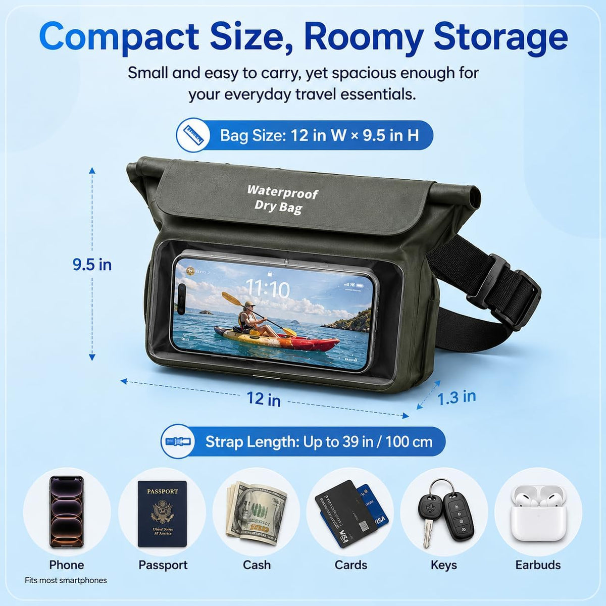 100% IPX8 Waterproof Fanny Packs,TPU Floating Waist Pouch Dry Bags Green