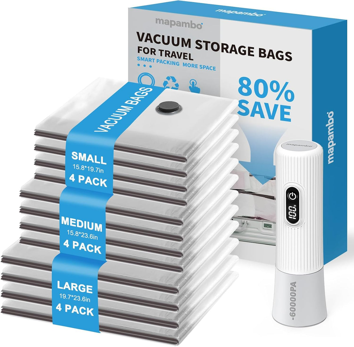 Mapambo Travel Vacuum Bags with -60000Pa LED Pump, 12 Pack Vacuum Seal Bags for Clothing Travel in 3 Combo Sizes, Vacuums Storage Bags for Clothes, Save 80% of Space (12 Combo)